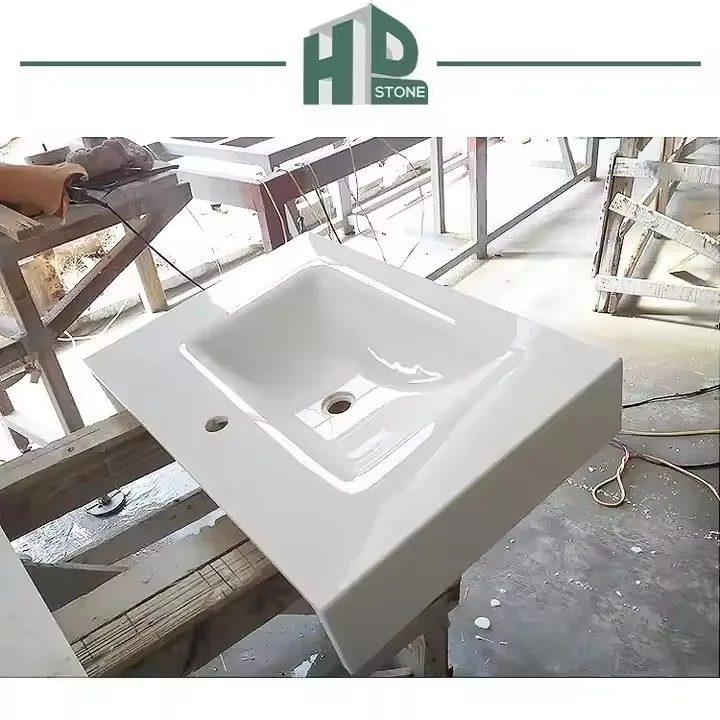 Faux Marble Integrated Sink in White Artificial Quartz for Bathroom Vanities
