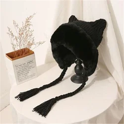 2023 Winter Warm Fur Knitted Hat Lady Outdoor Thicken Plush Fluffy Cap With Cat Ears Russian Hats for Women Girls Beanie Cap