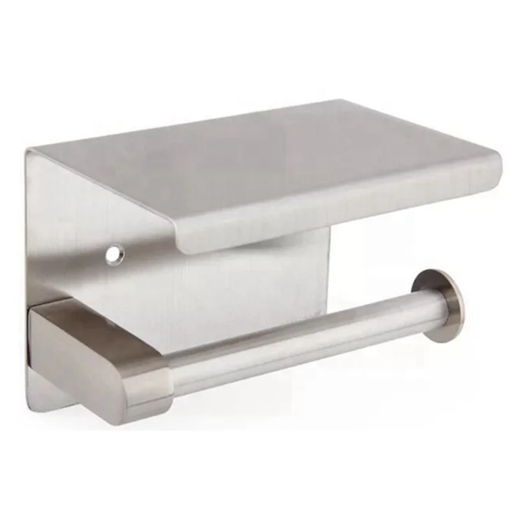 Brushed Finishing 304 Stainless Steel Toilet Paper Roll Holder Dispenser with Mobile Phone Shelf Rack
