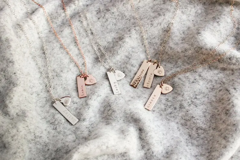 Pet Remembrance Necklace Jewelry Personalized Engraveable Blank Vertical Bar Heart Pendant Cat Dog Paw Print necklace