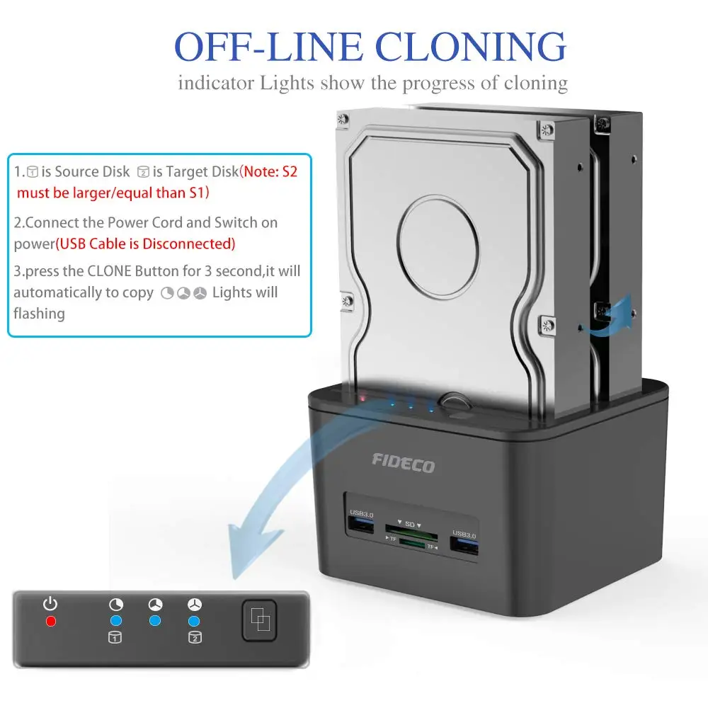 FIDECO All in One Multifunction Usb Duplicator Dual Bay Sata Hard Drives Disk Dock Clone Usb 3.0 Hdd Docking Station Clone