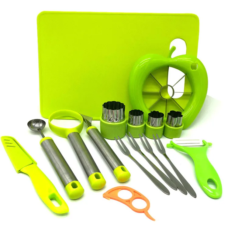 
Fruit Carving Decoration tools 16 Pcs set Kitchen Peeler Apple Slicer fork Cutter board Embossing mold Fruit carving knife set 