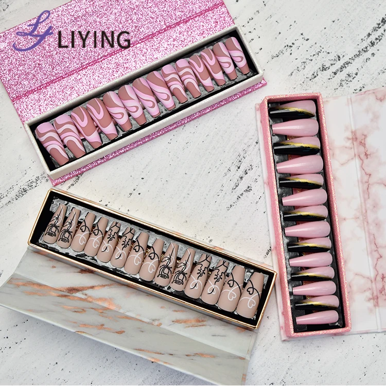 New Custom Design Luxury Personality Long Coffin Oval Finger Nails Full Cover Artificial Art Press On Acrylic Nails Tips