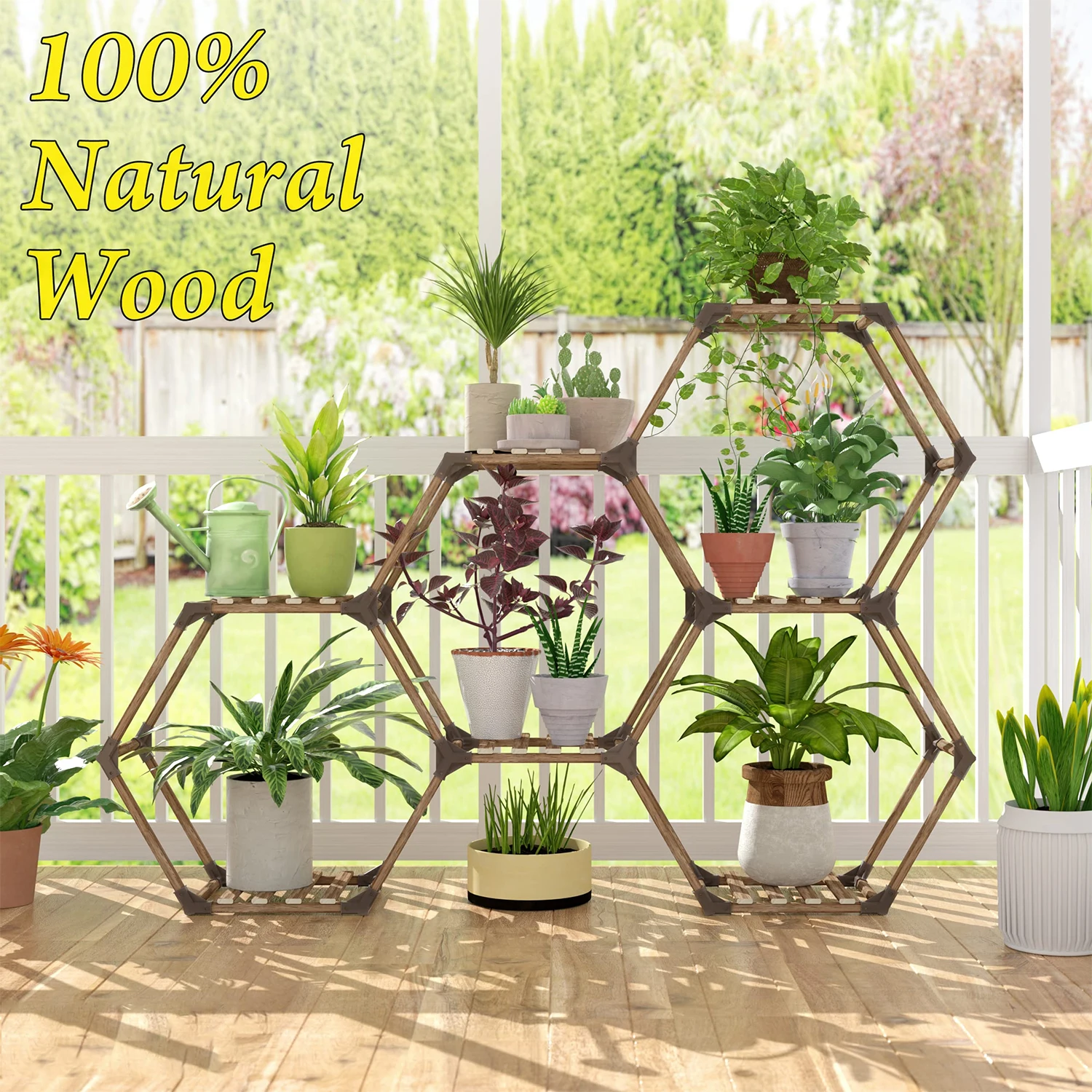 Indoor Outdoor Plant Shelf Large 7 Tiers Wooden Potted Holder Hexagonal Plant Stand For DIY Flower Stand
