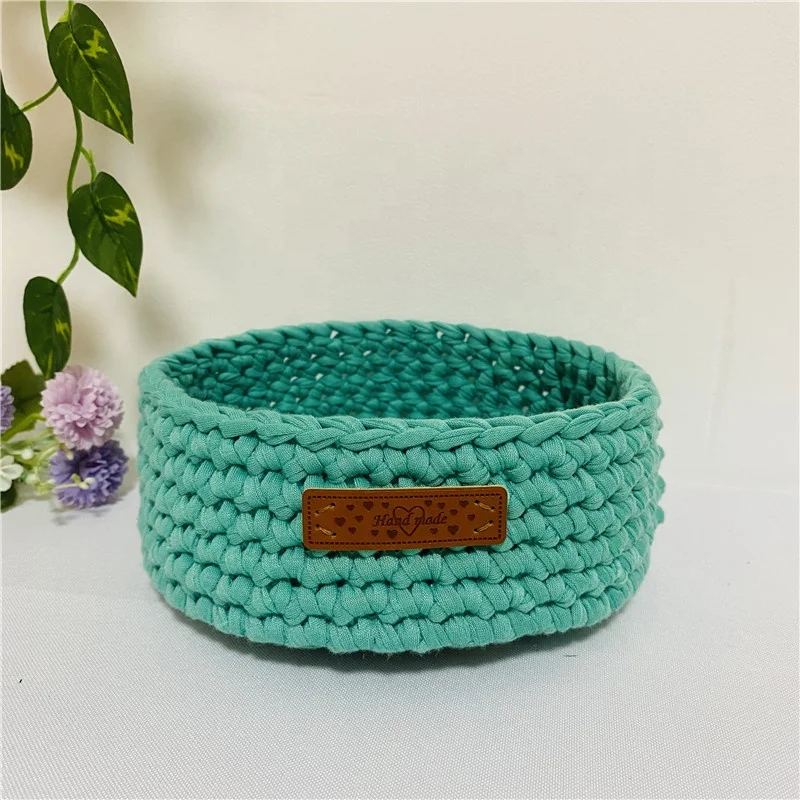 Crochet Patterns Cloth rope Woven Storage basket with PU leather bottom small goods storage organizers