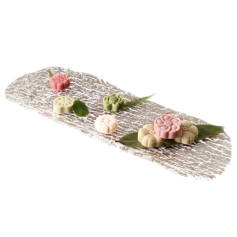 New Chinese Style Glass Plate Long Irregular Rim Dessert Fruit Tray Ice Dew Pattern Tray