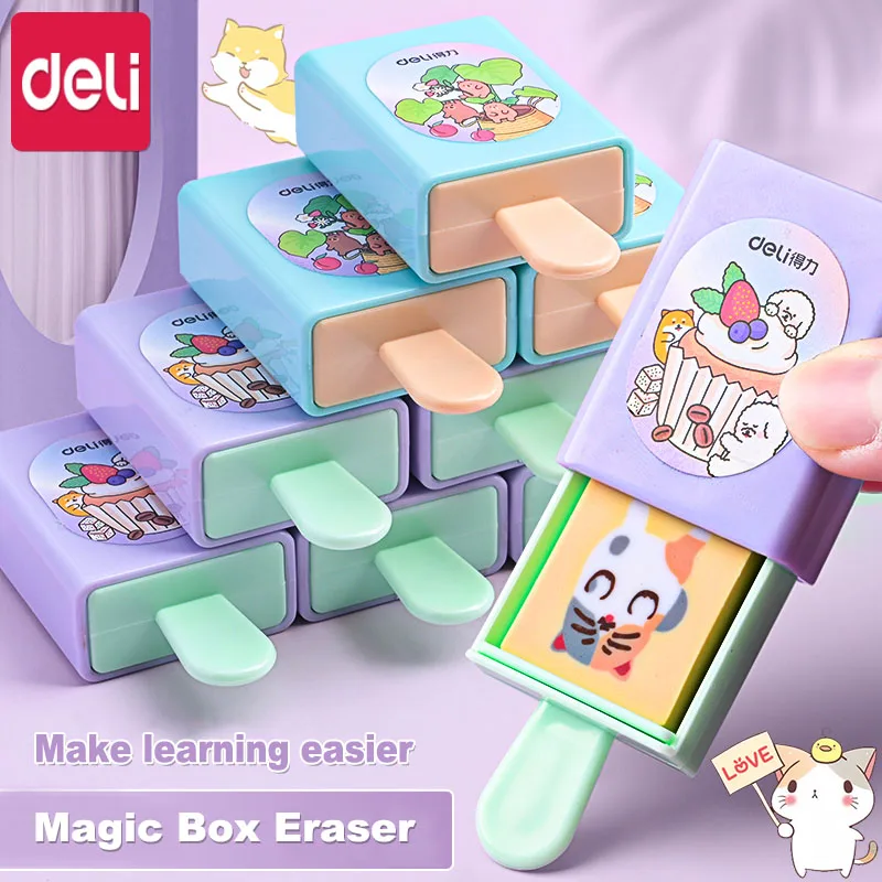Deli Pencil Eraser funny Stationery Cartoon Creative Magic Box Magic Props Toy Rubber Cute School Supplies kids Gift Eraser