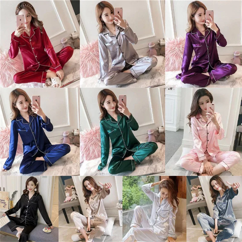 M to 5XL Spring Summer Ice Silk Pajamas Set Long Sleeves Sleepwear Suit Plus Size Silk Stain Ladies Night Suit for Women
