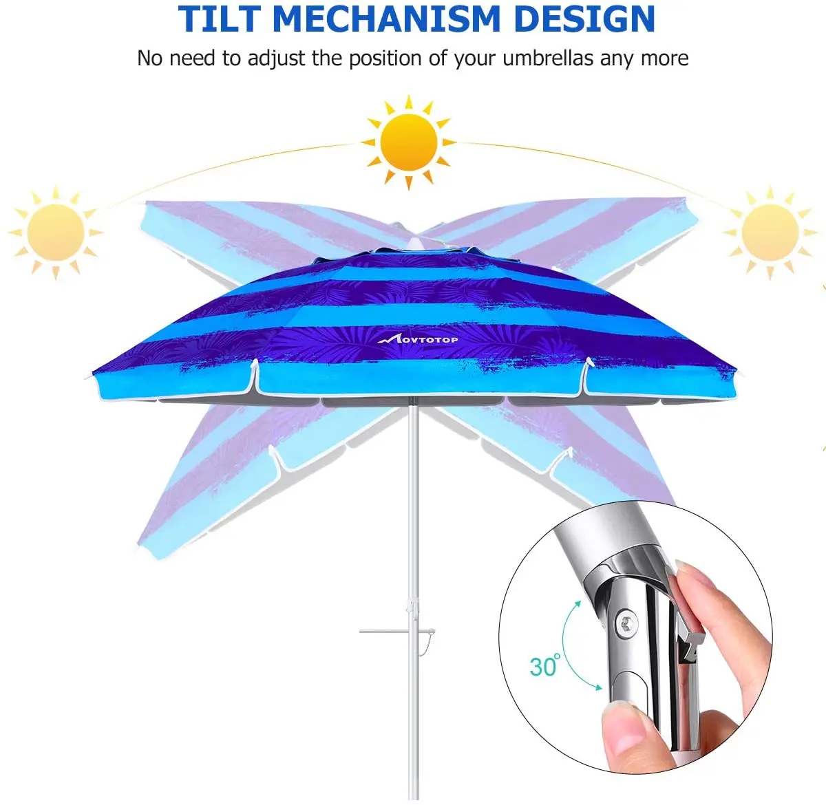 7 ft Sand Anchor Beach Umbrella Adjustable Height with air vent Zinc Tilt Twist-in System UPF 50+ Silver Coating Inside