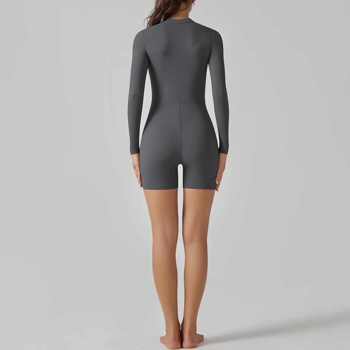 New Design Grey Color High Quality OEM Design Sexy Fitness Shape Bodysuits for Women With Front 3/4 Zipper