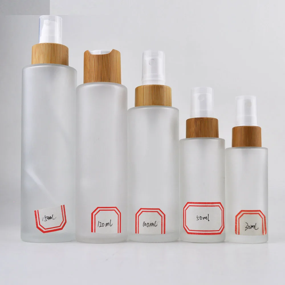 super March free sample 30ml 50ml 100ml 120ml 150ml clear frosted flat shoulder lotion pump glass oil bottle with bamboo cap