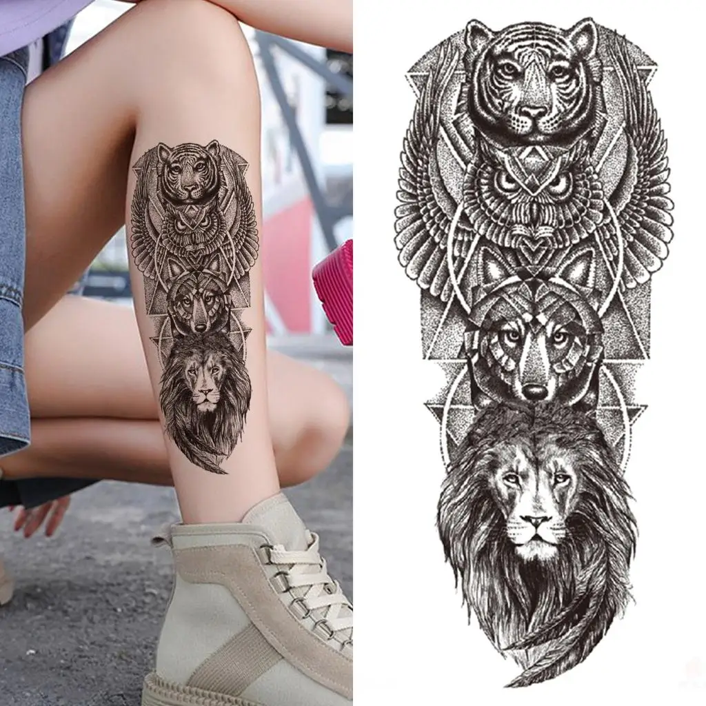 Animals Temporary Tattoos For Women Men Half Arm Sleeve, 3D Large Tribal Tiger Lion Death Skull Sexy Tattoo Stickers