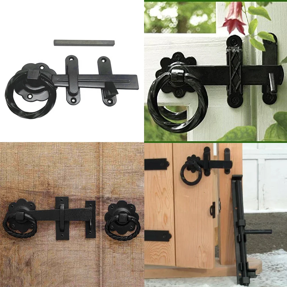 Black Twisted Wood Gate Fence Latch Hardware Metal Lockable Ring Gate With Screws