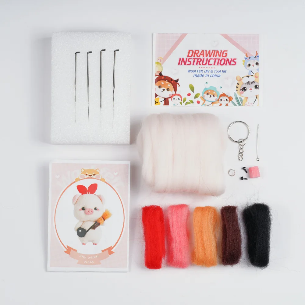 Cute pig creative handmade wool craft felt DIY material package wool felting animal kit