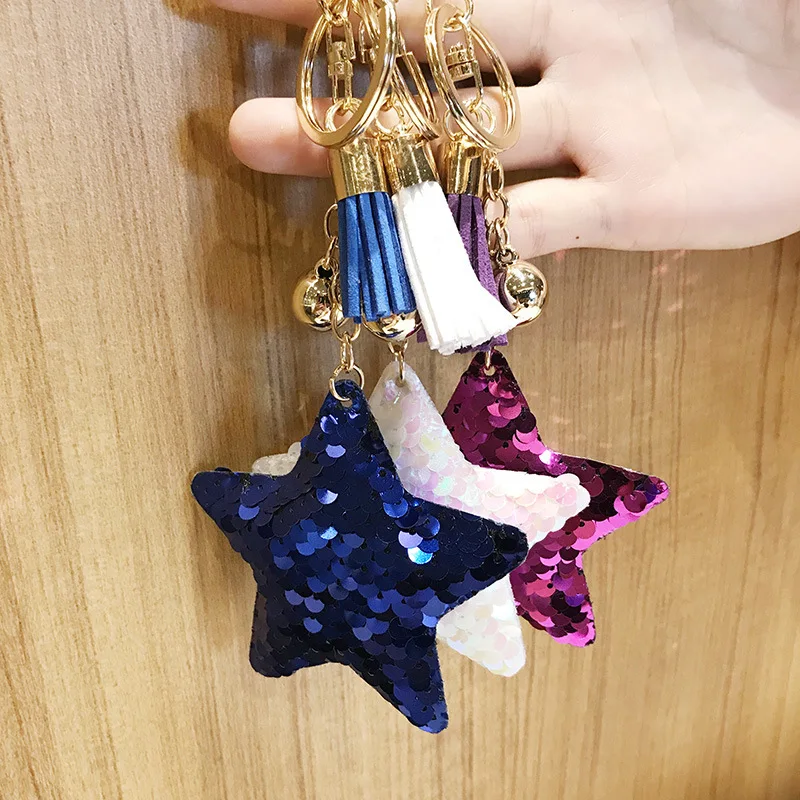 New arrival factory price double sided sequins star bling sparkling promotional car keychain