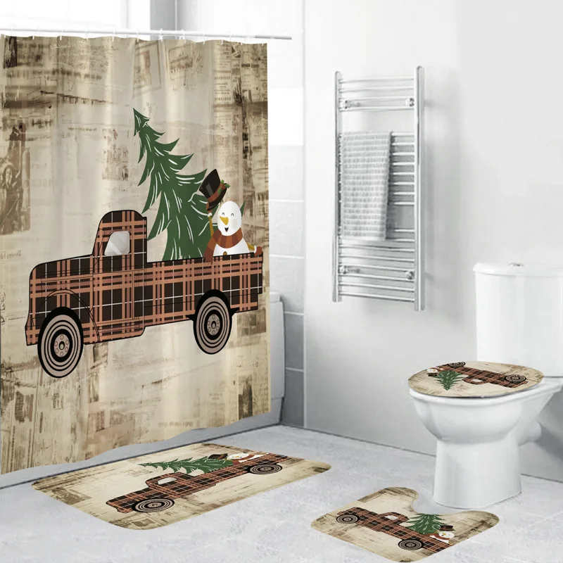 3D Digital Printing Cute Cartoon Christmas Tree Snowman Car Shower Curtain Waterproof Polyester Bathroom Curtain for Home Use