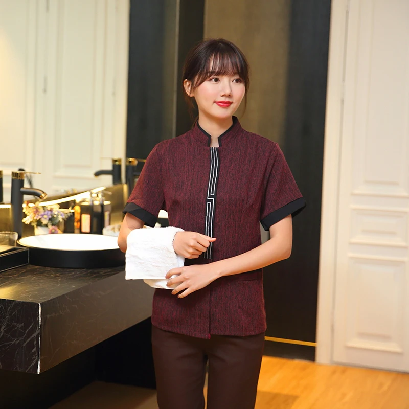 Stylish stand-up collar cleaning clothes Hotel restaurant uniform short sleeve shirt Short sleeve design with inner lining