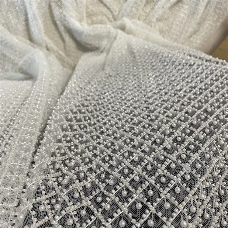 New white pearl heavy beaded embroidery bridal laces fabrics