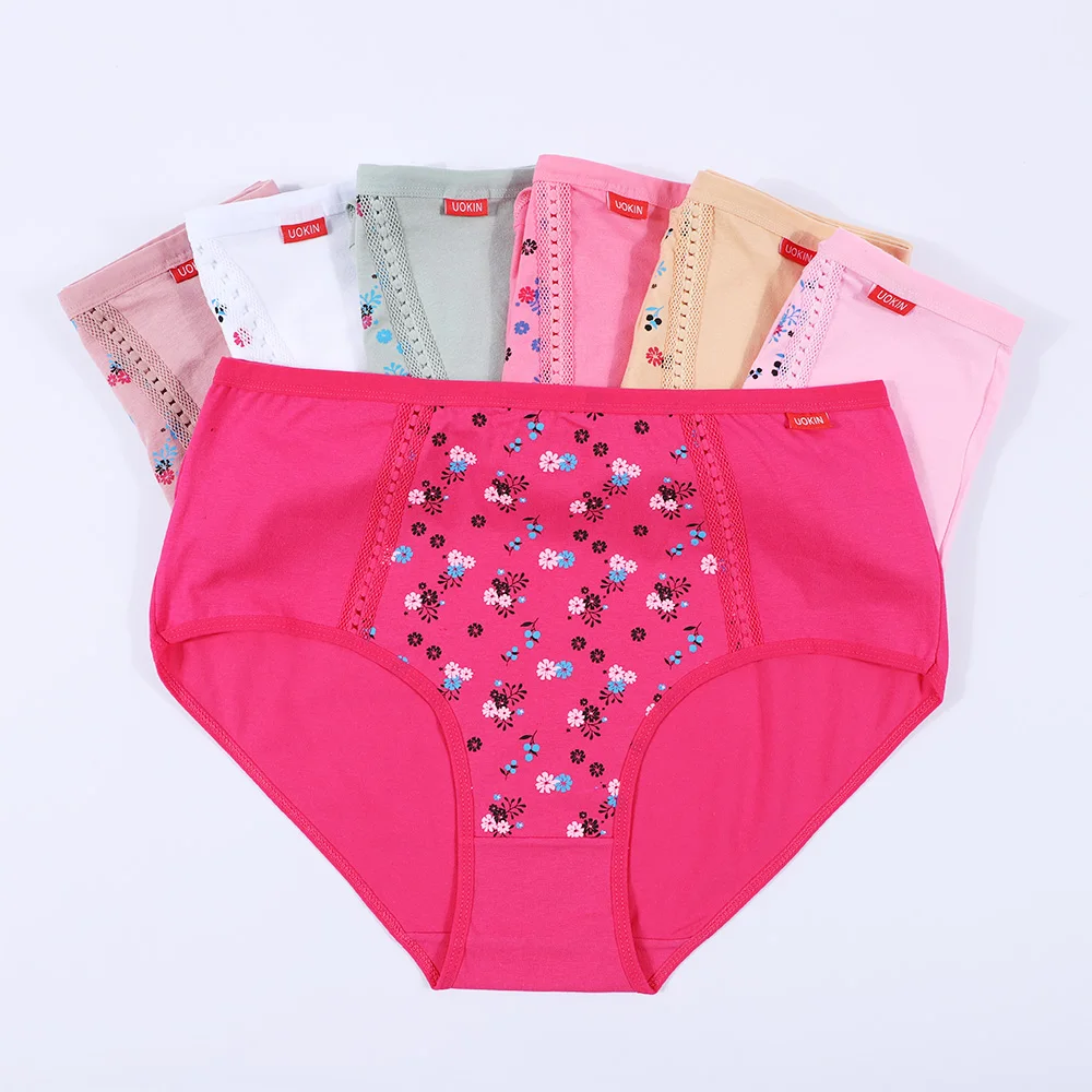 Pure cotton plus size panties for women 4xl 5xl high rise floral print underwear 100% cotton double crotch UOKIN A3723