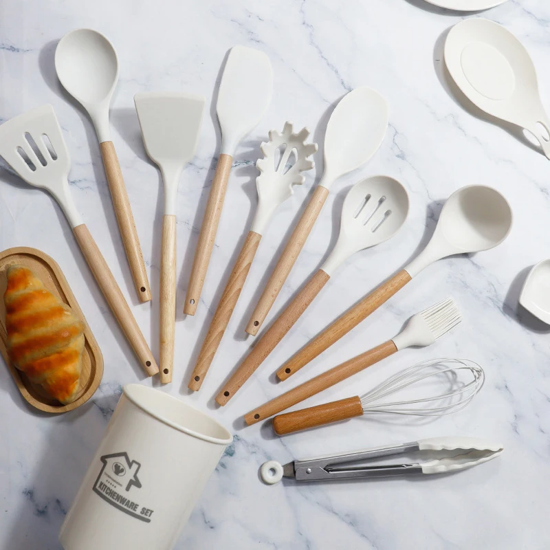 14pcs Kichen Accessories Wooden Handle Silicone Kitchen Cooking Utensils Sets