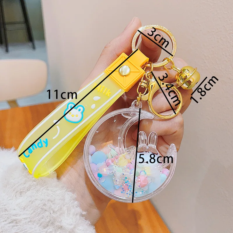 Oil in acrylic quicksand colored beans Moon Rabbit key chain cute couple car key chain bag pendant gift Promotional Girl Women