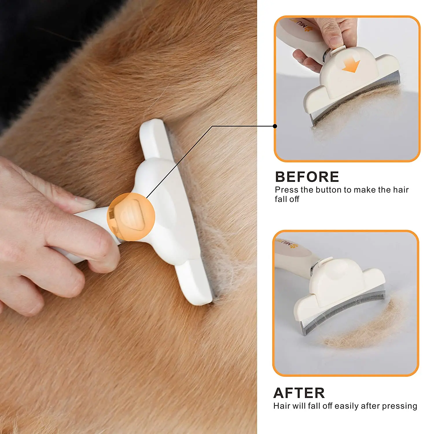 Dog Deshedding Brush with Curved Edge & Self Cleaning, Effectively Reduces Shedding by Up to 95% for Medium and Long Haired Pet