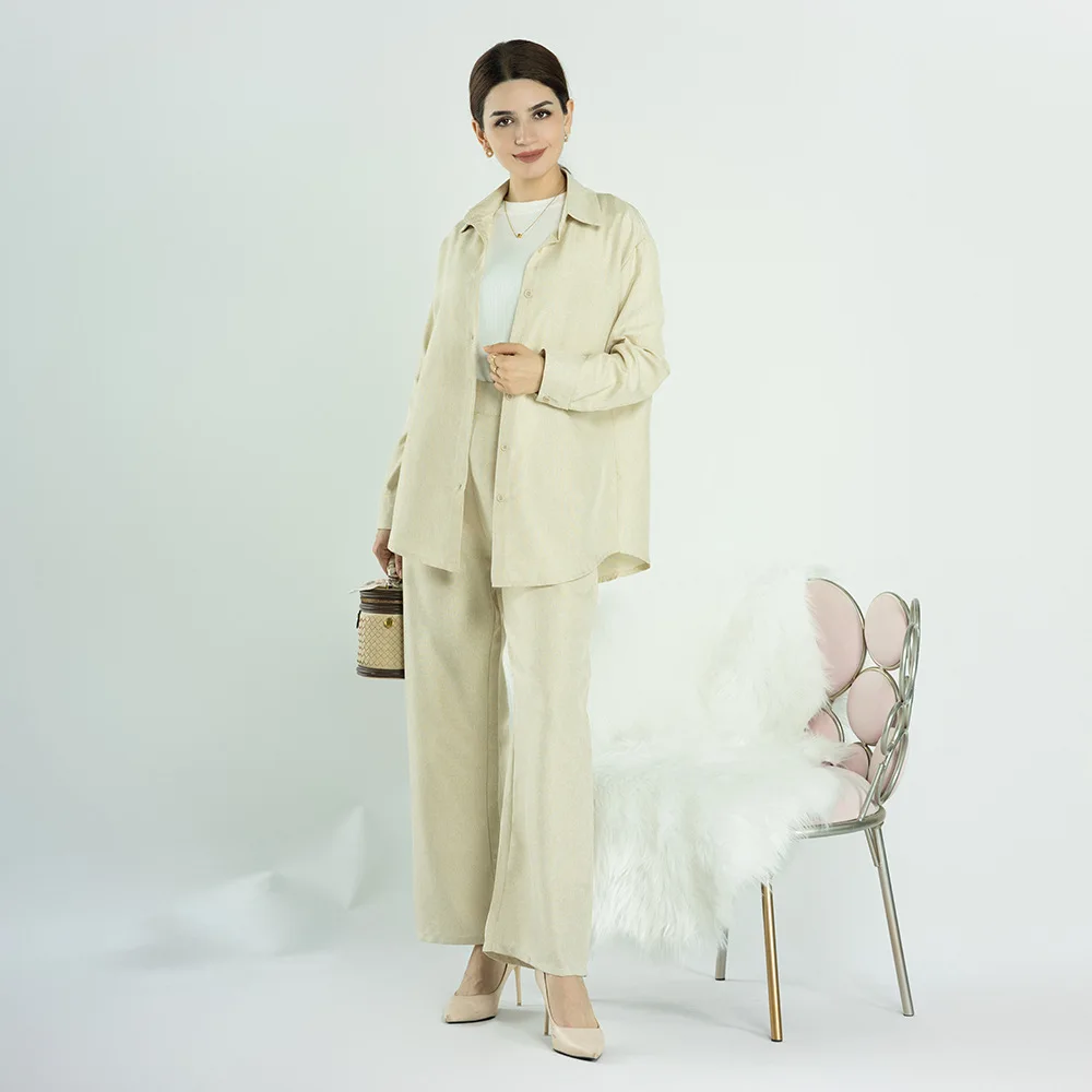 Fashion Ramadan Design Islamic Clothing Linen Fabric Turkey Abaya Set Top shirt and Pant 2PCS Set Ladies Abaya