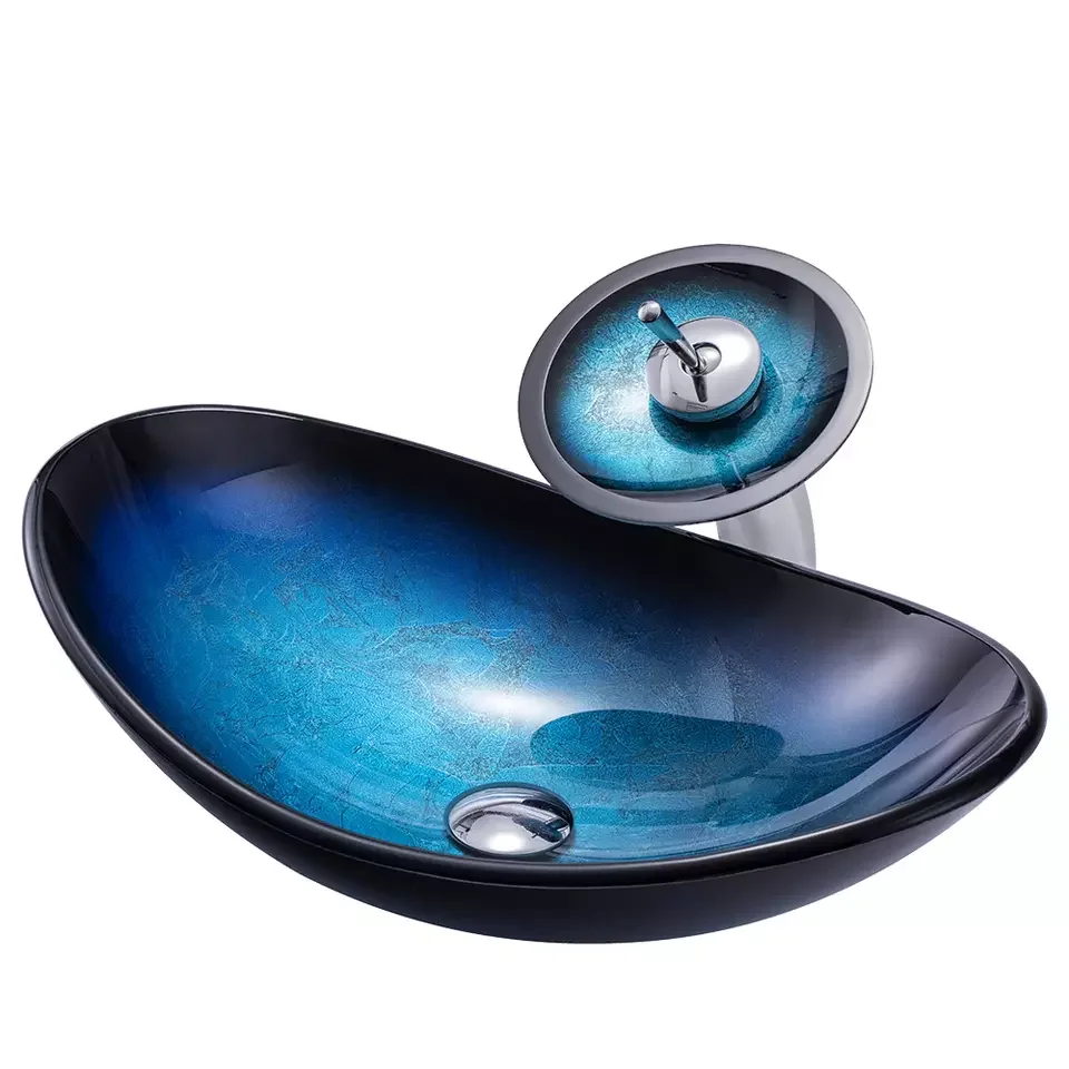 China Factory Price Counter Top Blue Boat Shape Tempered Glass Bathroom Sinks Handwashing Lavabo Wash Basin