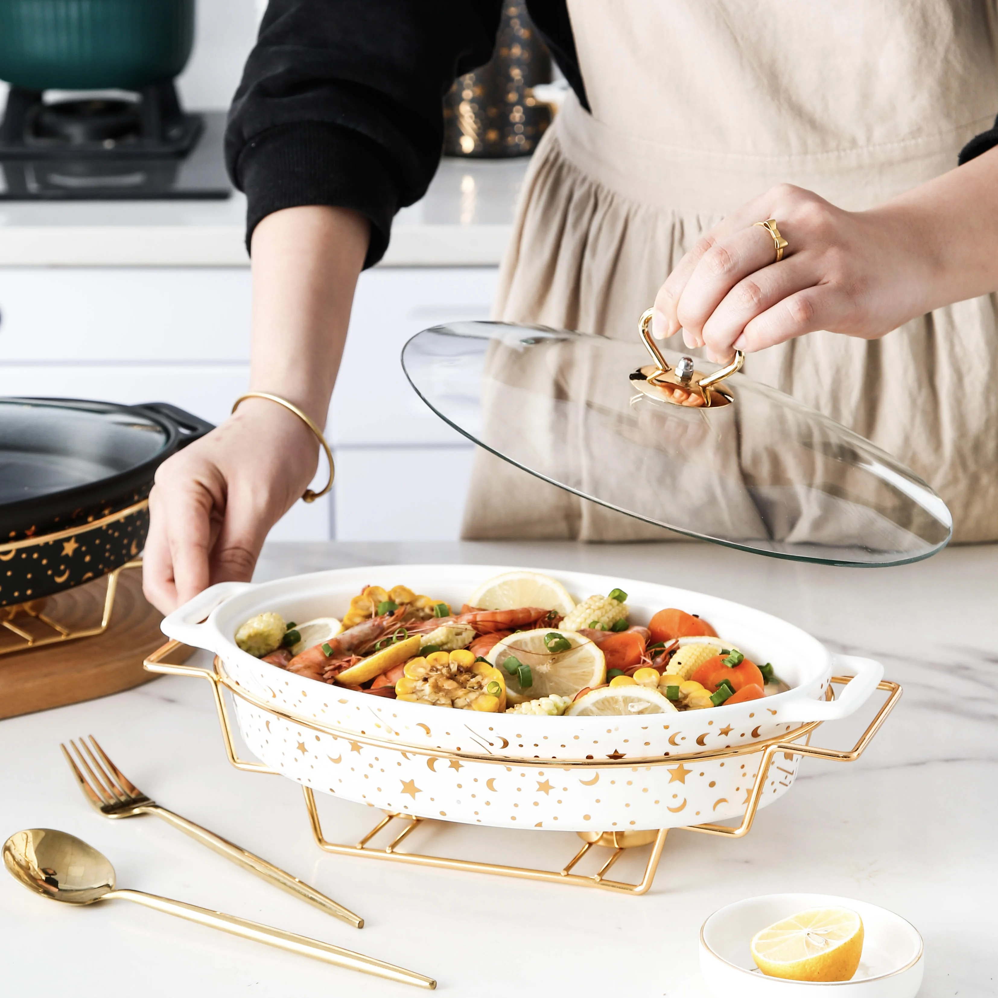 Marble Gold Pattern Nordic Binaural Ceramic Pot soup Pot Bowl Tableware Creative Casserole