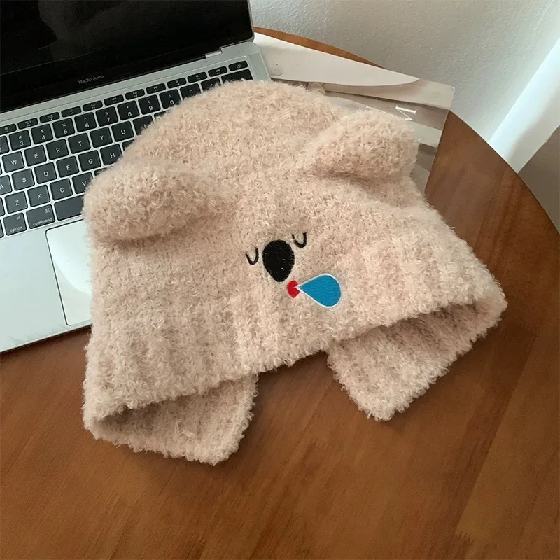 Women Hat Cat Ear Crochet Braided Knit Caps Warm Winter Cute Teddy Bear Ear Beanie Hat With embroidery logo