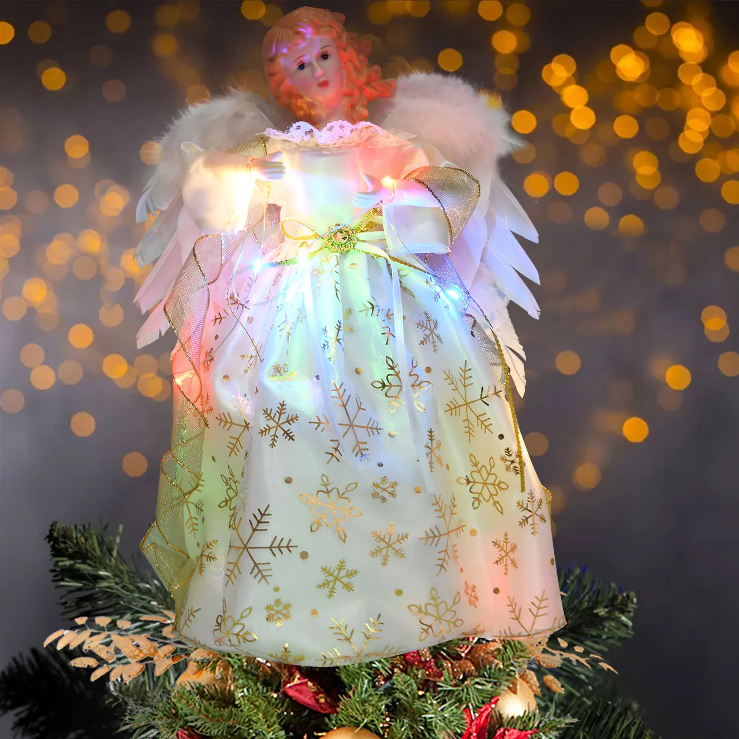 Elegant Christmas Tree Topper Angel With Real Feather Wing Christmas Tree Ornaments & Toppers