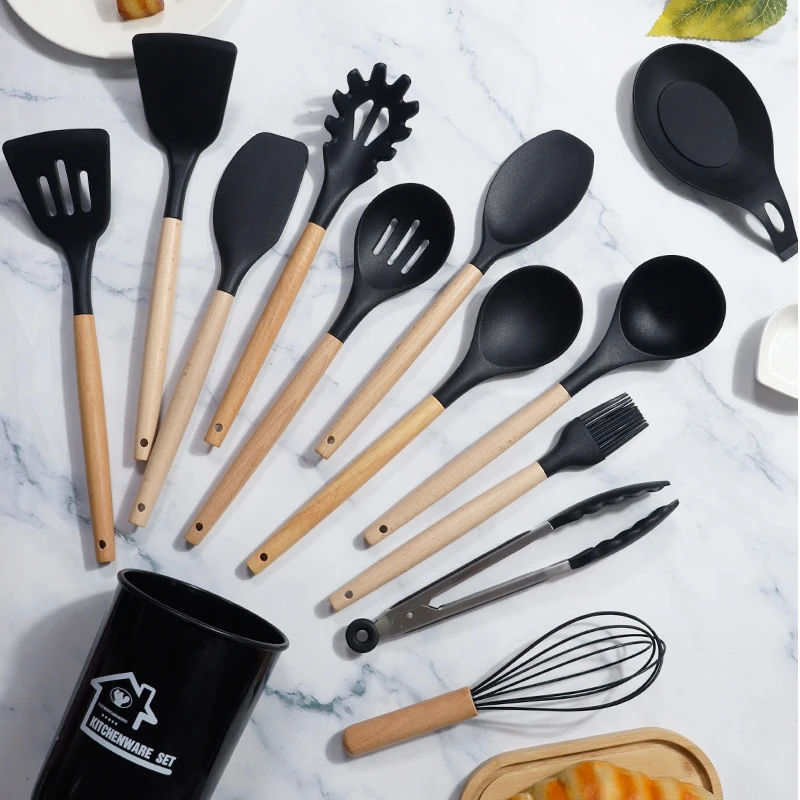 14pcs Kichen Accessories Wooden Handle Silicone Kitchen Cooking Utensils Sets