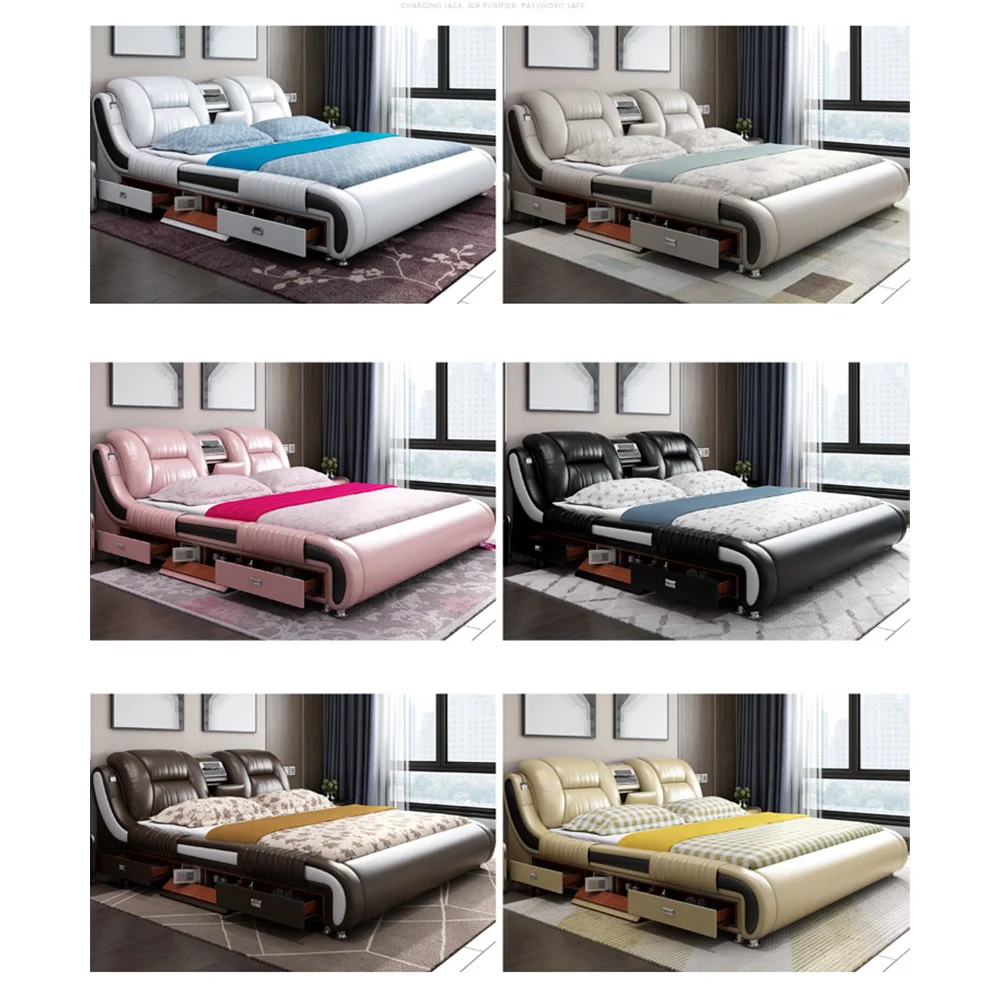 Современная домашняя кожаная роскошная мебель для спальни многофункциональная Массажная кровать татами умная аудио двуспальная