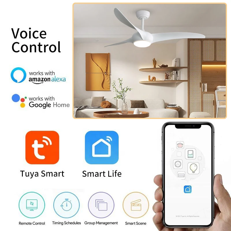 Modern decorative white black ceiling fan remote control 110v 220v dc inverter led smart ceiling fan light