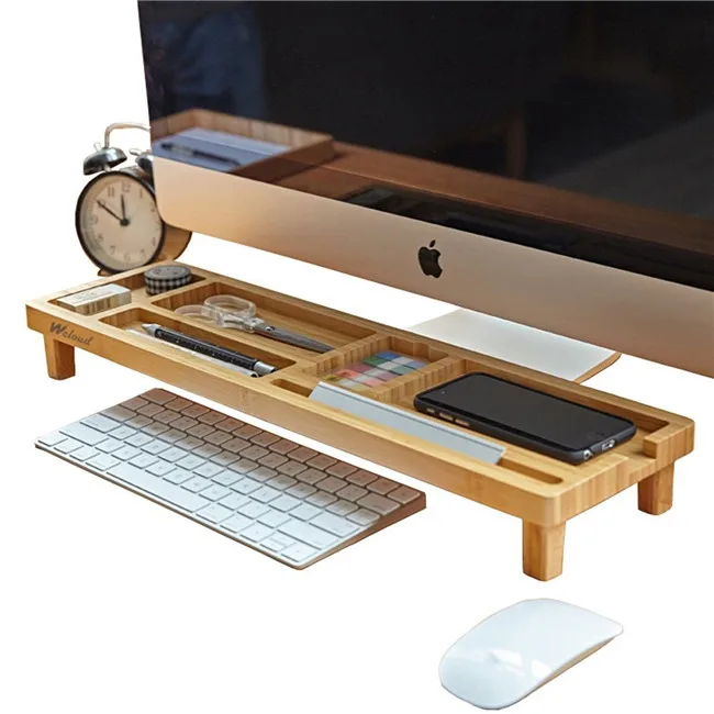 Eco-friendly Bamboo Office Desktop Computer Desk Organizer Storage Keyboard Anti Dust Shelf Socket