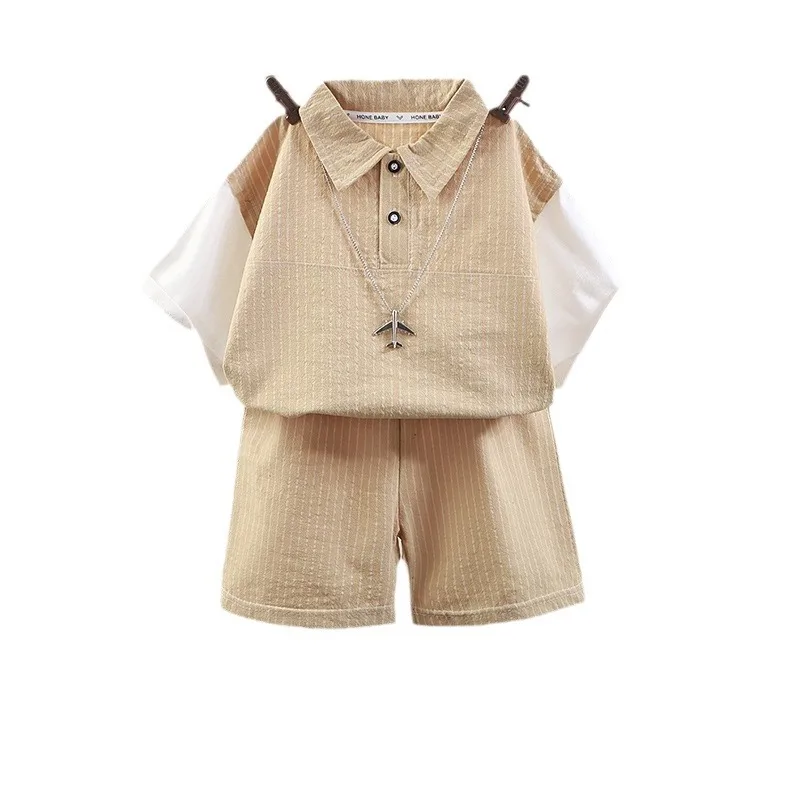 Fashion Design Summer Children Shirt Outfits 2pcs Cotton Striped Casual Teenagers Boys Clothing Sets