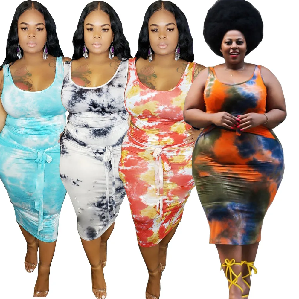 
New fashion trendy Tie-dye printed 2020 women dresses sexy summer plus size bodycon midi dress tops and skirt two pieces sets 