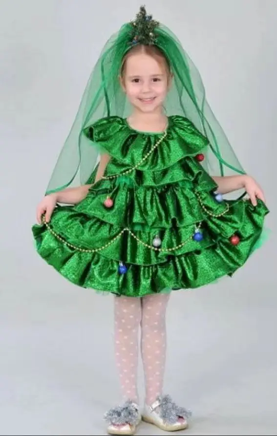 Christmas Tree Kid Cosplay Costume Stars Lights Decorate Dress Carnival Xmas Party Performance Stage Girl Fancy Dress