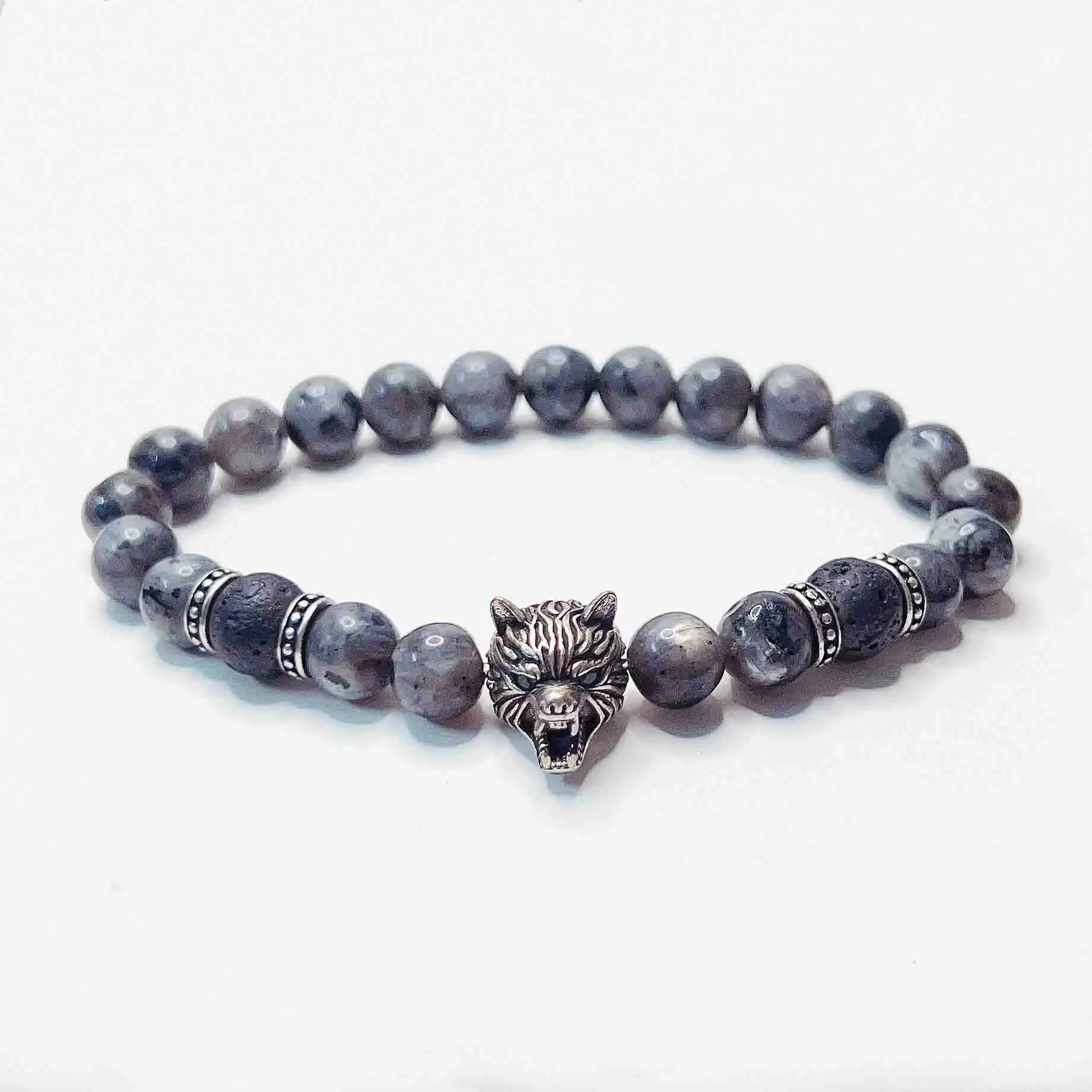 Handmade Beads Chakra Bracelet Tigers Eye Gemstone Black Onyx Obsidian Lava Rock Stone Bracelet Mens Wolf Head Bead Bracelet