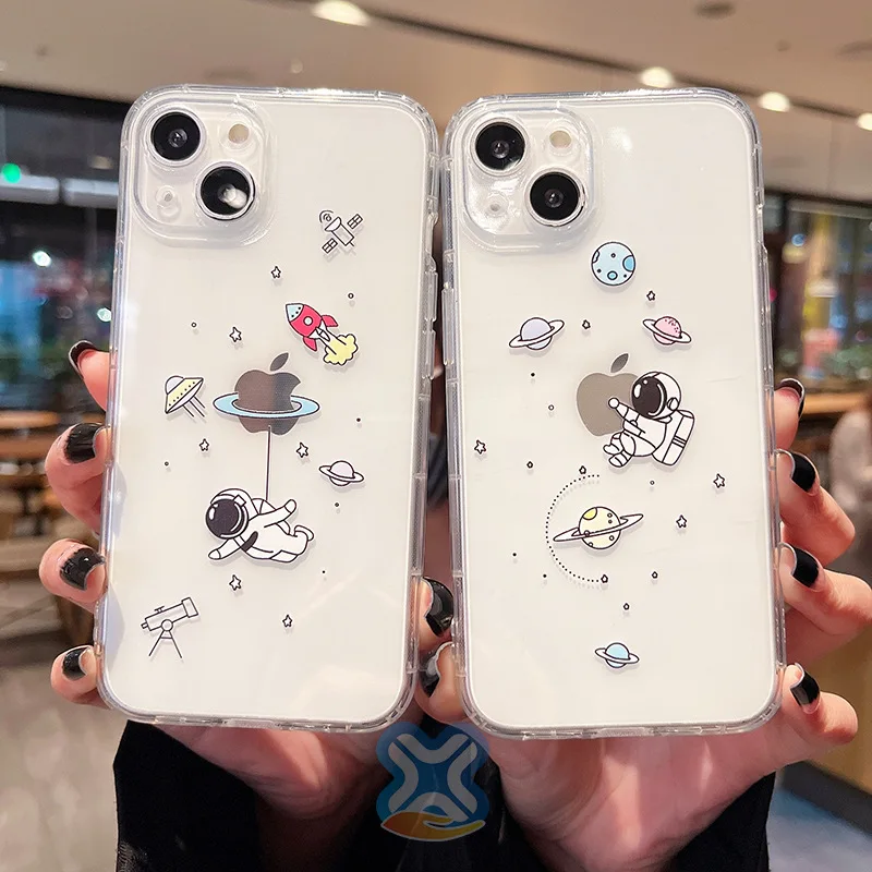 Transparent Creative Astronauts Cartoon Soft TPU Silicone Phone Case Back Cover for iPhone 11 12 13 14 Pro Max