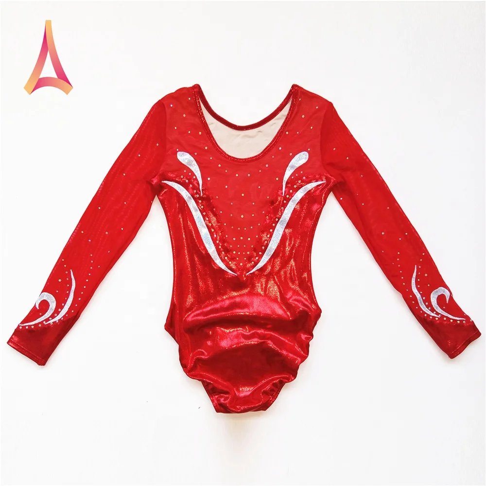 Fancy Long Sleeve Gymnastics Leotard Red Girls Leotard
