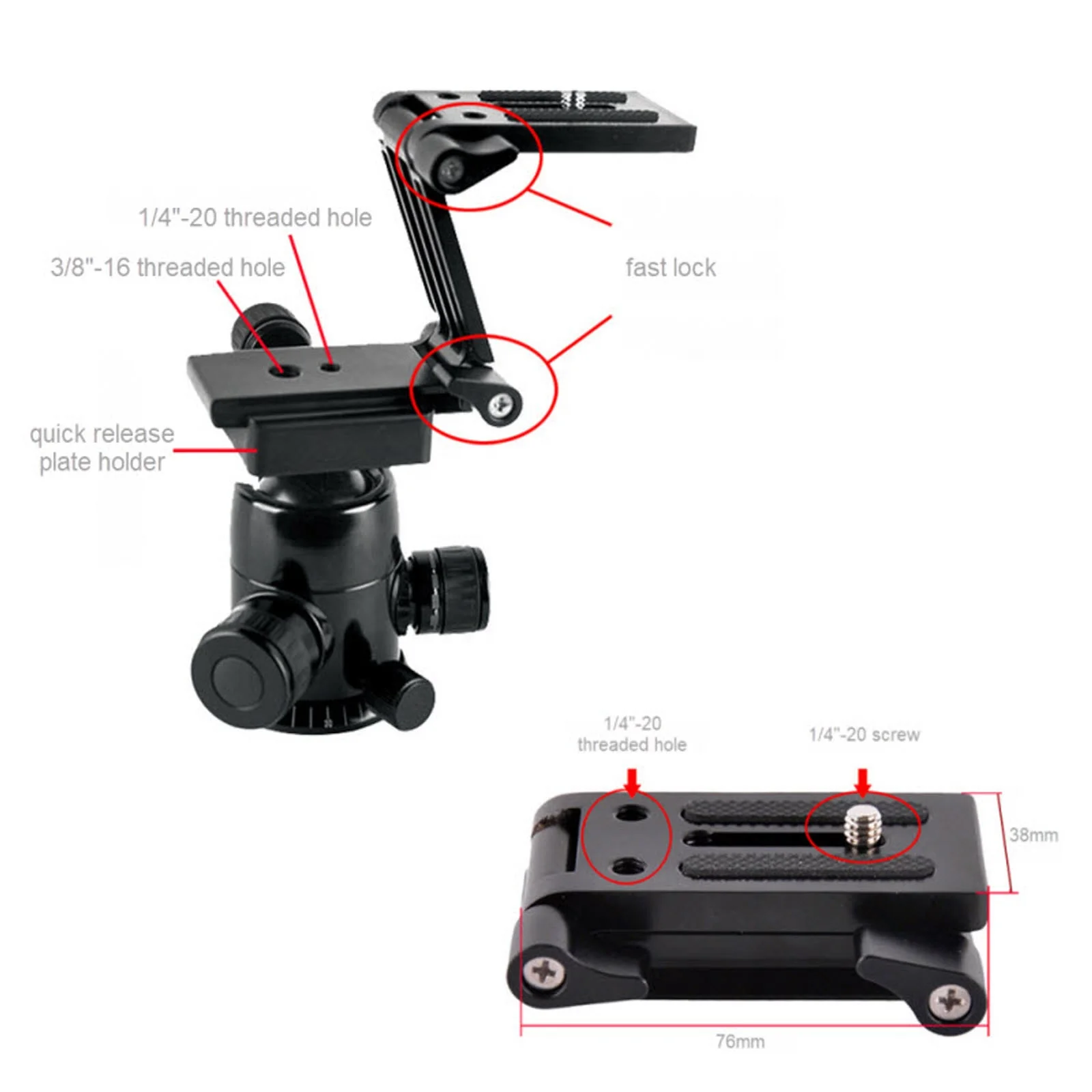 Universal Z Shape Tilt Head Mount Bracket Tripod Head Quick Release Plate Mounting for Monopod Slider Rail Cage Rig Stabilizer