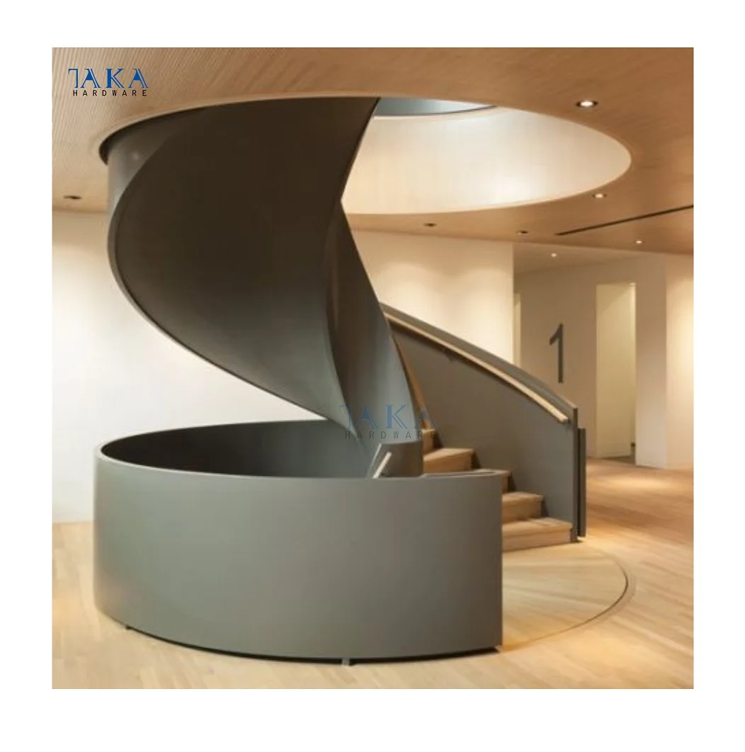 Custom carbon steel spiral stairs cast iron Curve staircase with wood treads