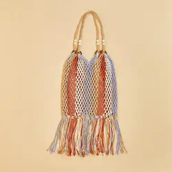 Wholesale Cotton Polyester Rope Handmade Woven Hollow Tassel Handbag Multicolor Rope Ring Handles Grocery Girls Outdoor Casual