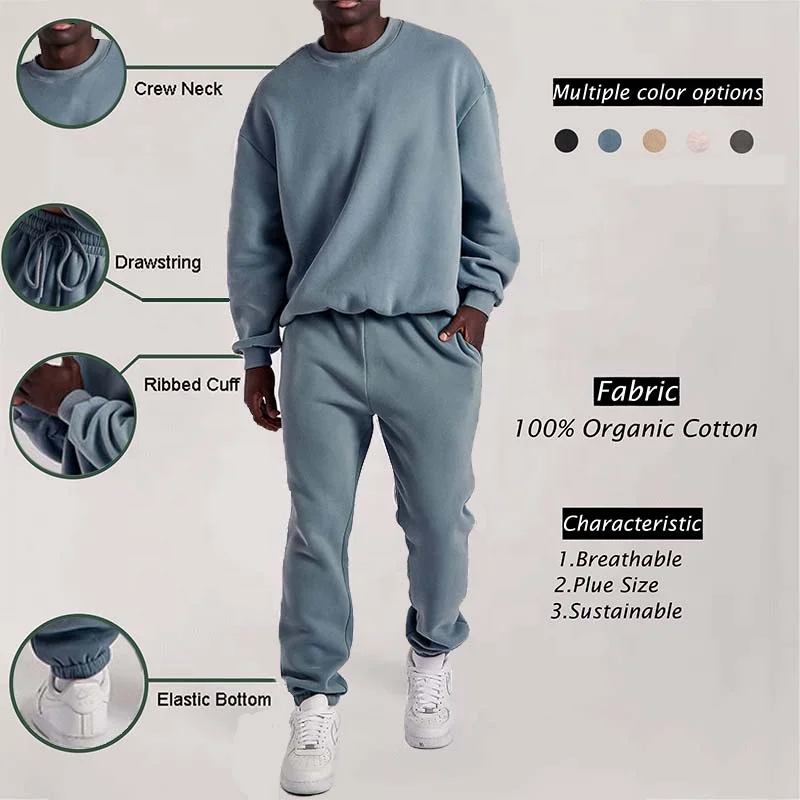 Wholesale Custom High Quality 100% Cotton Plain Fleece sweatshirt Oversized Sweat Suits And Jogging Sport Sweatpants Suit Unisex