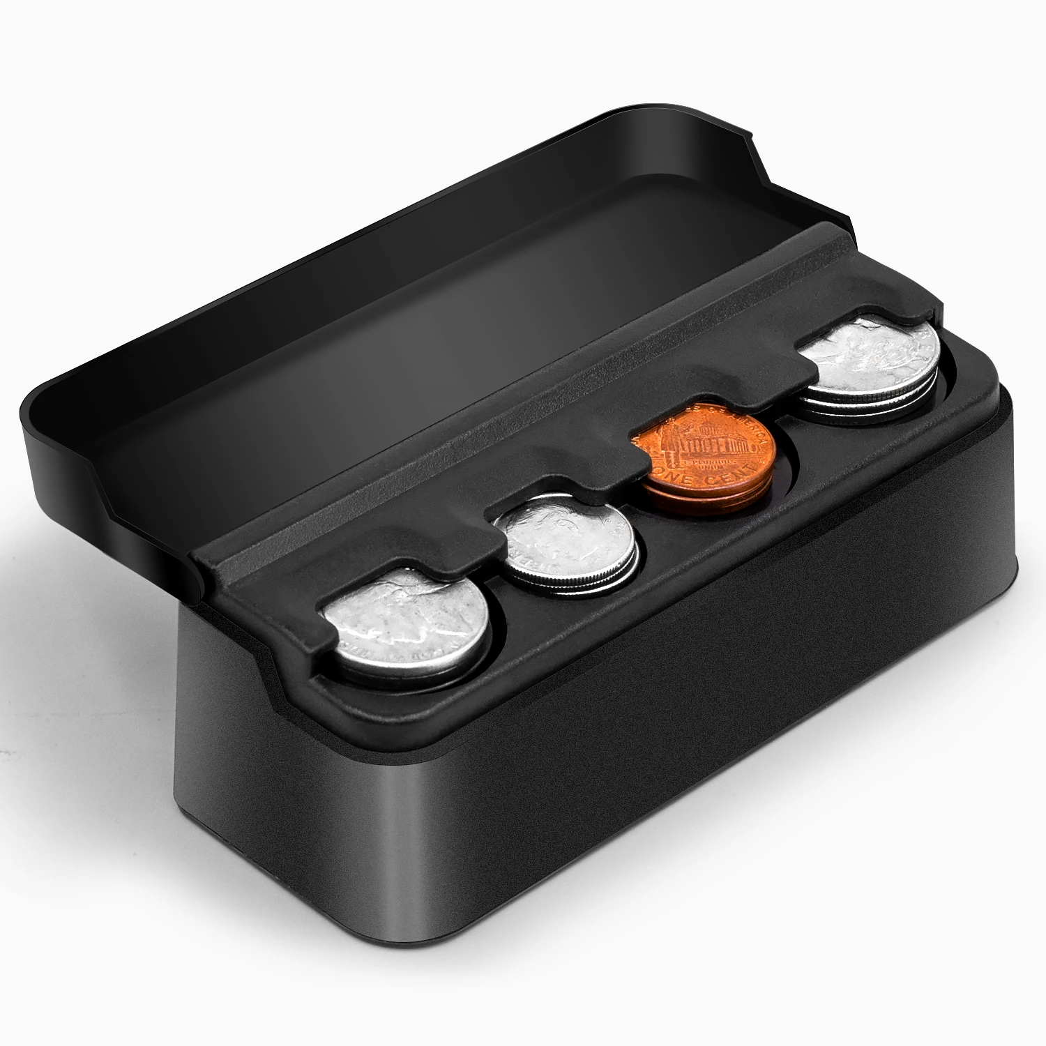 Coin Holder Car Change Organizer - Money Dispenser for Car and Truck Accessories - Black Plastic Coin Storage Container Box.