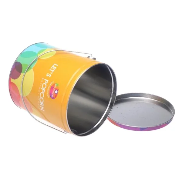Custom handled metal tin popcorn bucket round cookie biscuit tin can container with lid