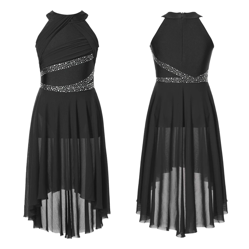 6-16 Children Sequin Dance Costumes Sleeveless Rhinestone Modern Kids Dancewear Girls Lyrical Latin Dance Dress