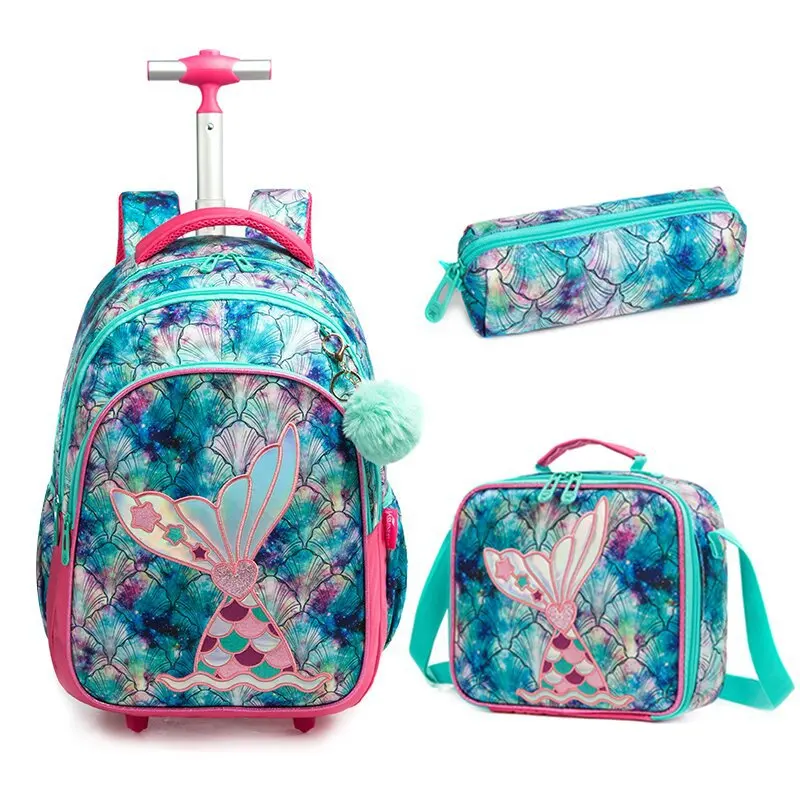 Four Wheel 3 Piece Set Children Kids Trolley School Bag Backpack with Lunch and Pencil Bag 2023 New Fashion Eiffel Tower Sequins