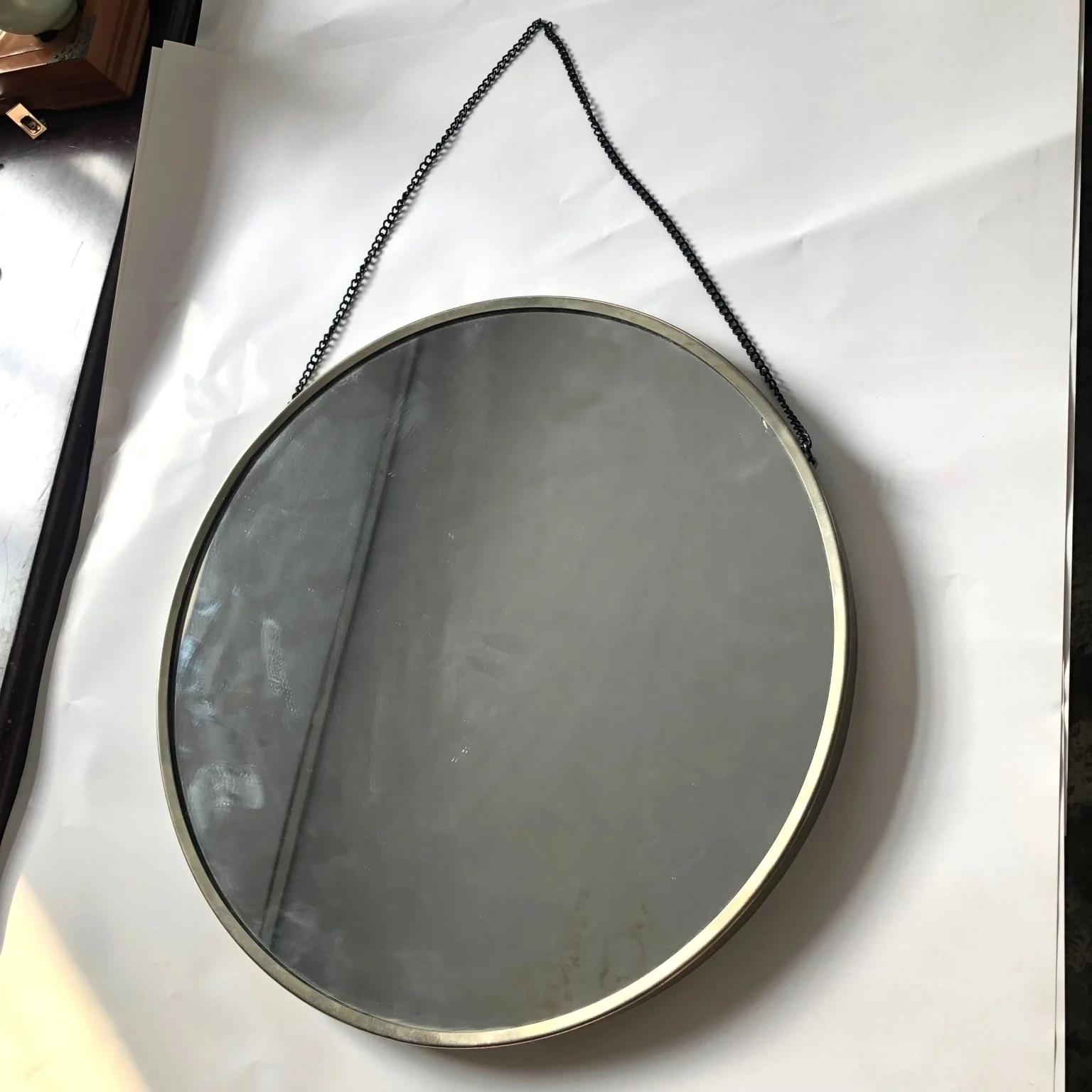 decorative bathroom round mirror custom gold white black metal frame mirror hanging wall framed mirror with metal chain